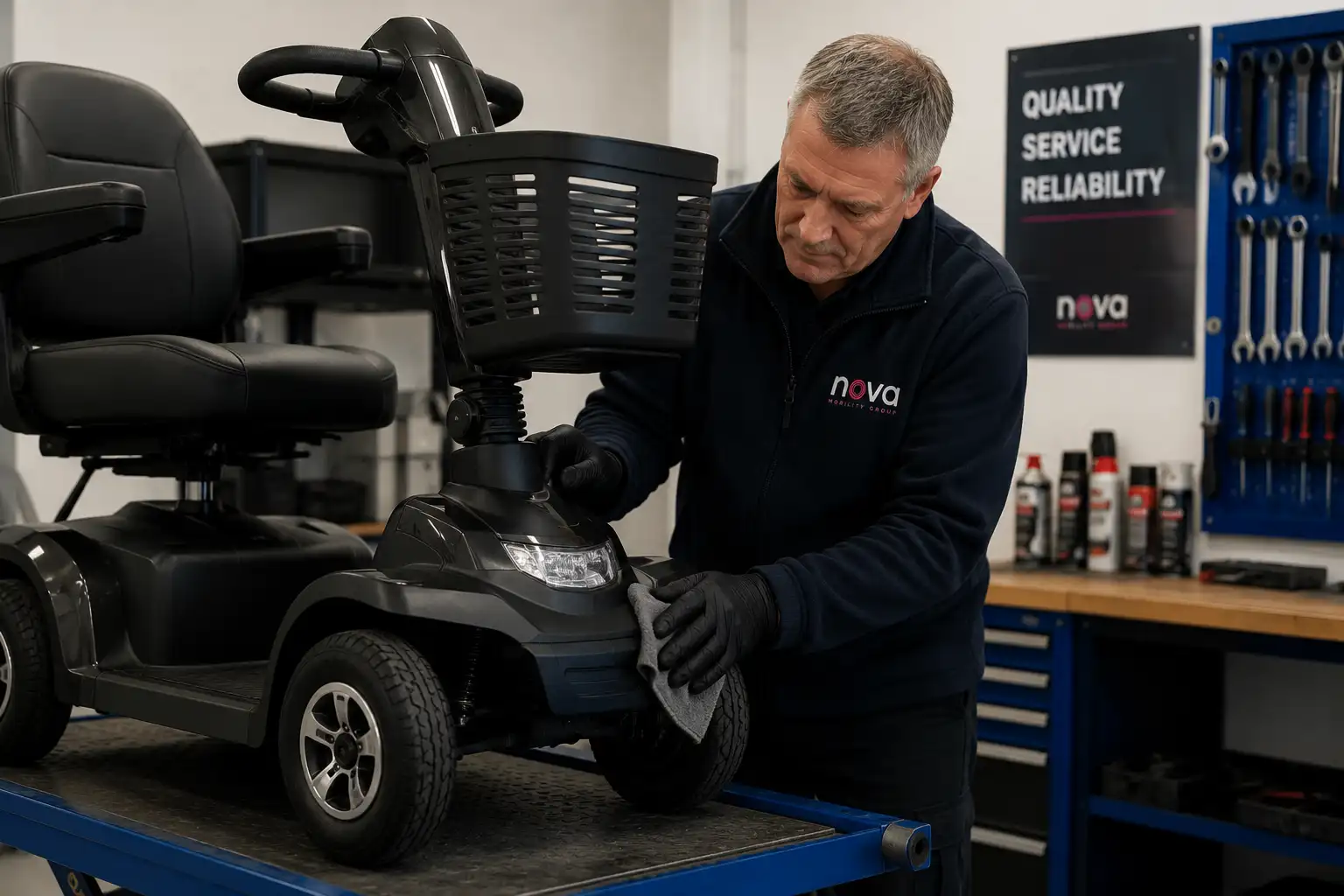 A Nova Mobility technician checking over a mobility scooter